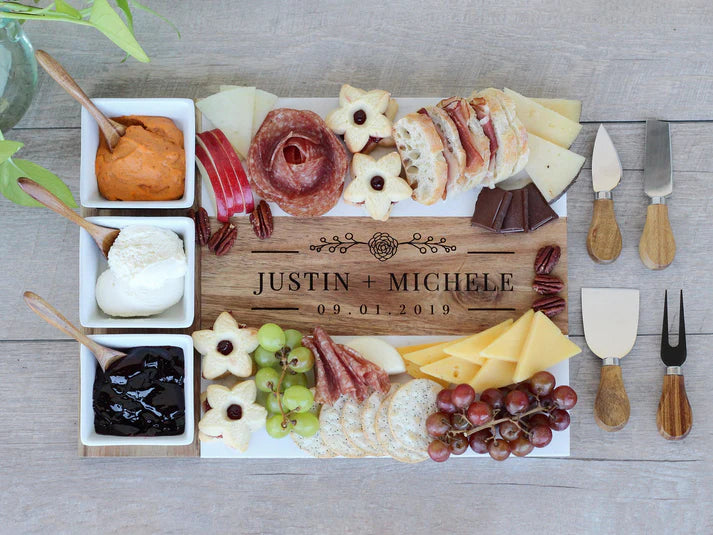 Marble and Acacia Charcuterie Board with Utensils and Ramekins Includes Custom Engraving