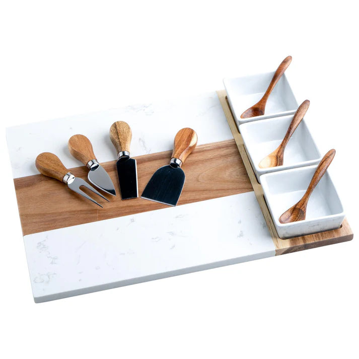 Marble and Acacia Charcuterie Board with Utensils and Ramekins Includes Custom Engraving