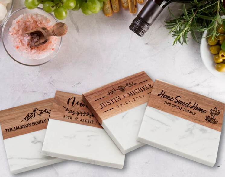 Marble and Acacia Coaster Set with Stand includes Custom Engraving