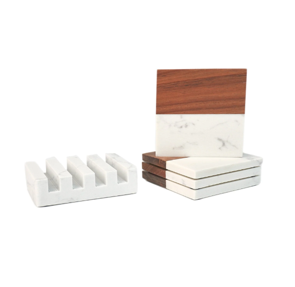 Marble and Acacia Coaster Set with Stand includes Custom Engraving