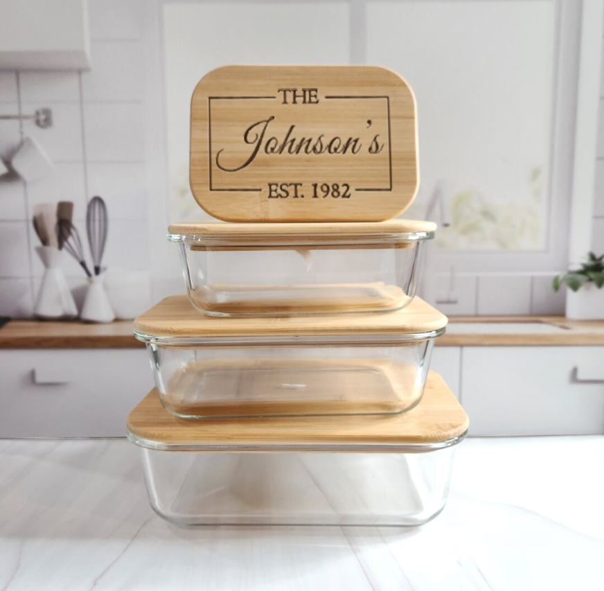 Glass Dish with an Engraved Bamboo Lid Includes Custom Engraving