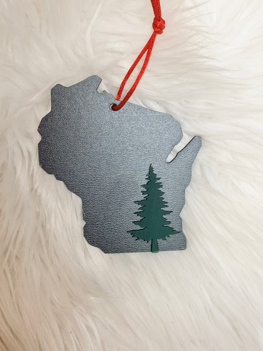 Wisconsin Ornament with Evergreen Tree